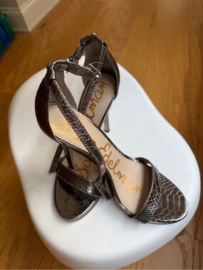 Sam Edelman Dark Brown Croc-Embossed Strappy Stiletto Sandals